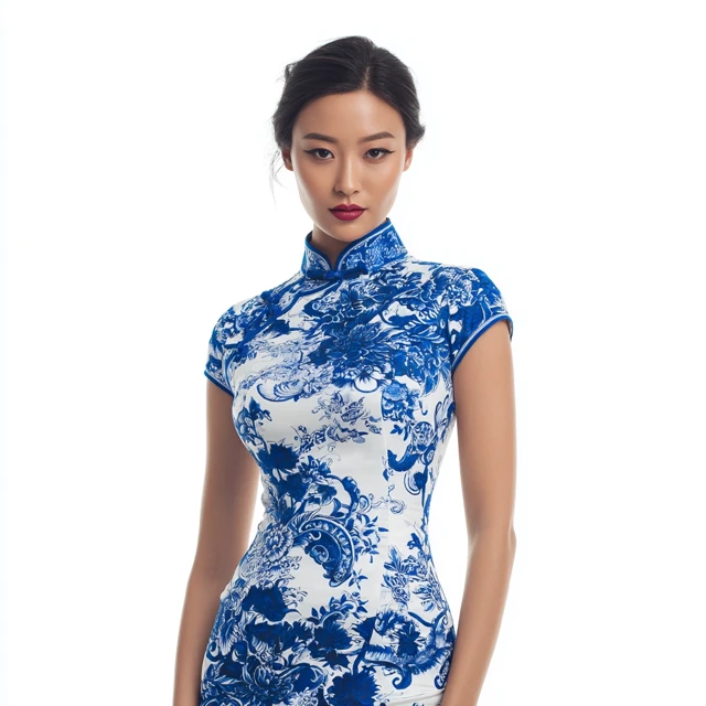 Chinese Girl in Blue Porcelain Cheongsam Dress