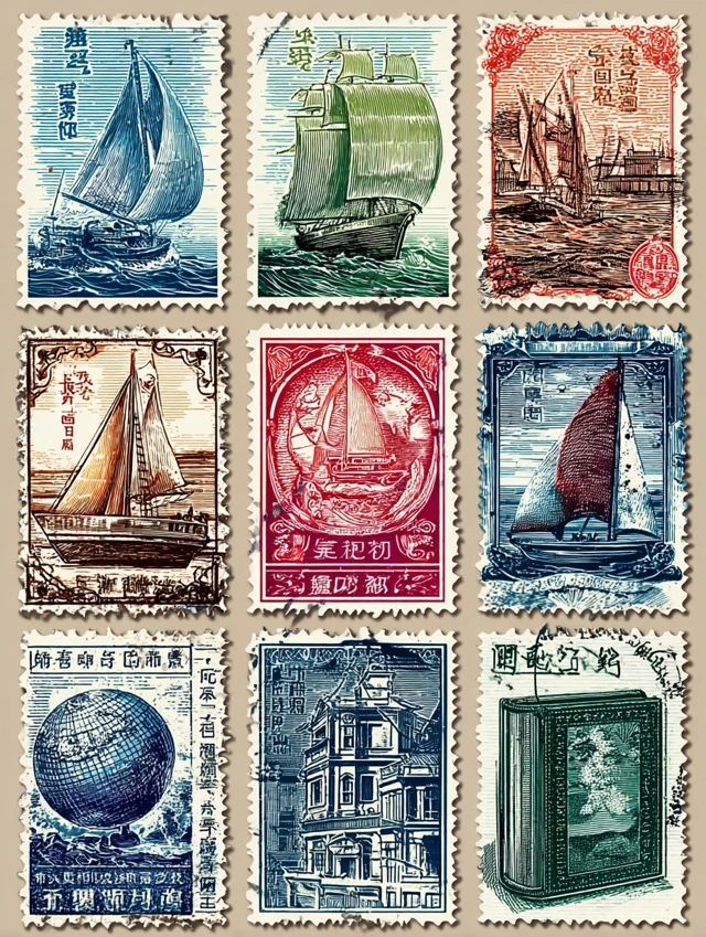 Retro Stamps Collection Sailing Buildings Earth and Books