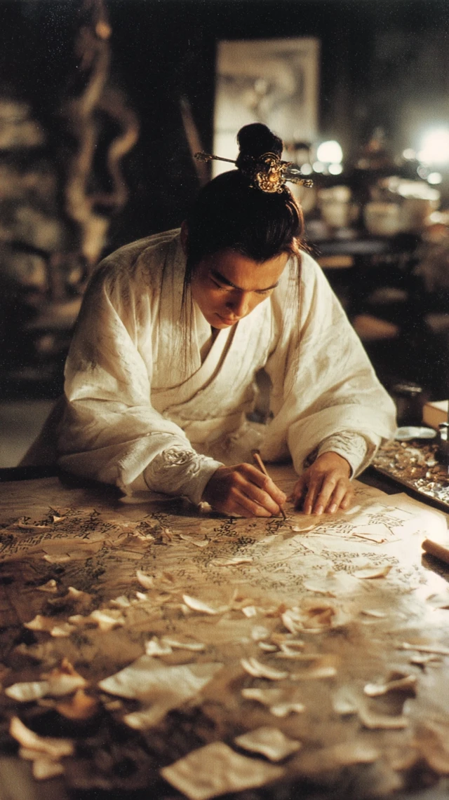 Chinese Wuxia Scholar Assembling Ancient Document