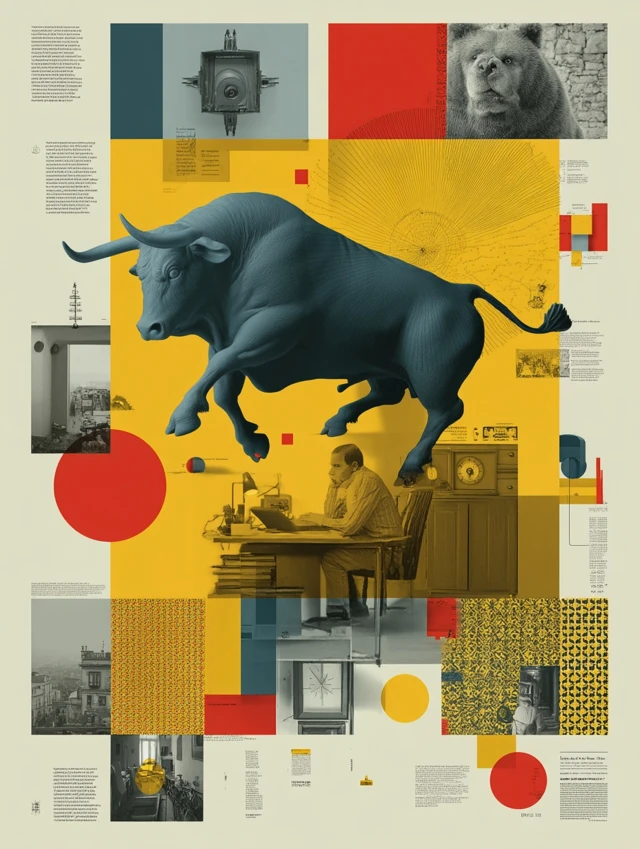 Remote Working Bull Illustration Vintage Art