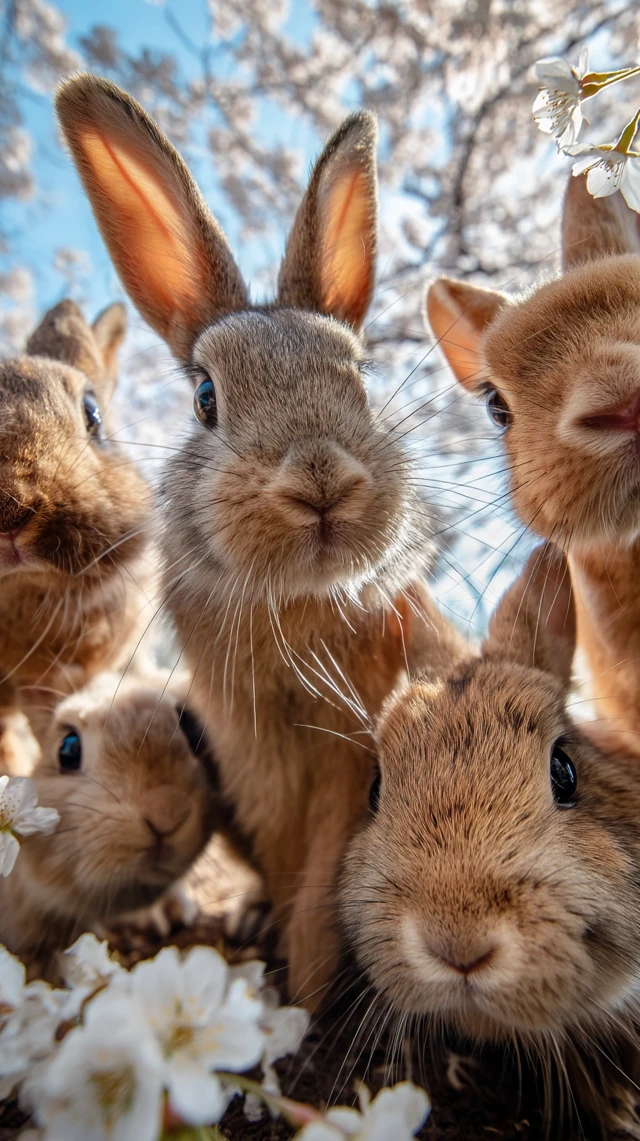 Adorable Rabbits Under Cherry Blossoms