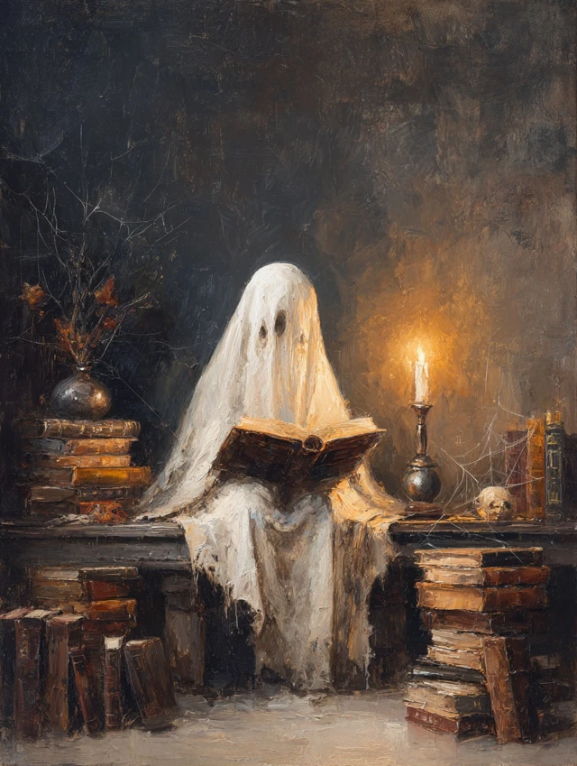 Halloween Ghost Reading Oil Painting
