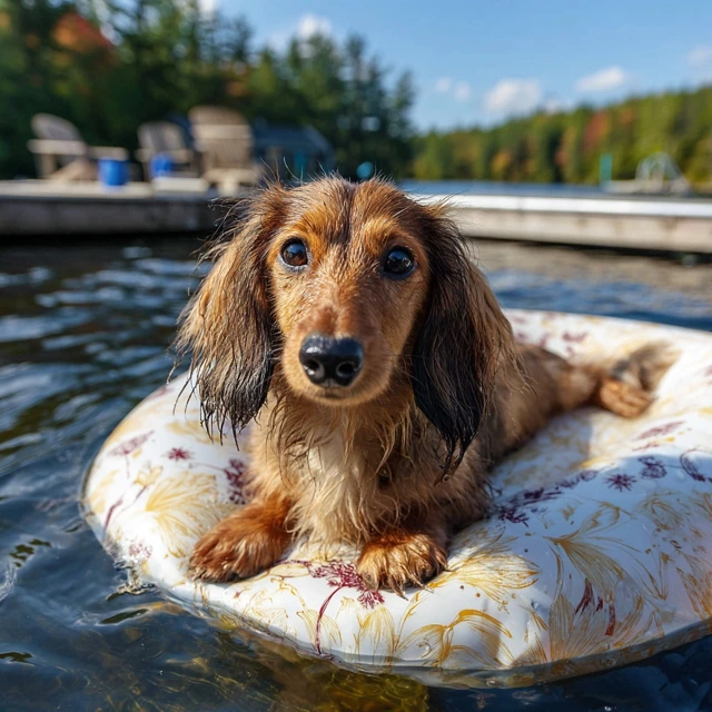 Dachshund on a Float Relaxing in Ontario Lake