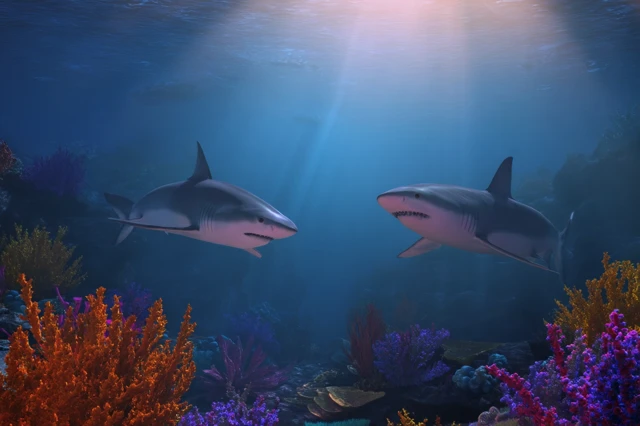 Underwater Sharks in the Deep Blue Sea 3D Render