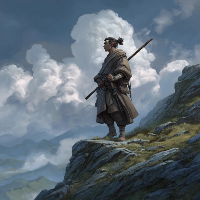 DandD Half Elf Monk On Windswept Cliff
