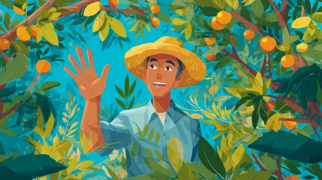 Cheerful Asian Man in Orchard Vector Illustration