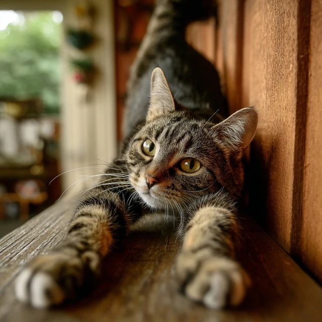 Brown Tabby Cat Stretching on Gray Background