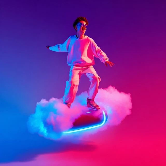 Boy on Hoverboard in the Clouds
