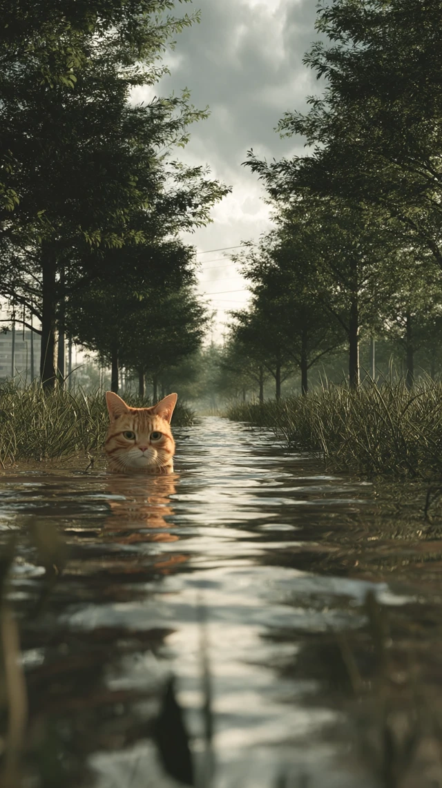 Scared Cat in Flooded Ditch After Rain 3D Render