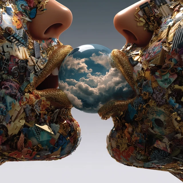 Collage Art Lips Blowing Bubbles Miniature Worlds