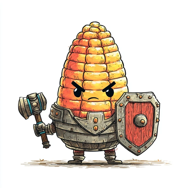 Cartoon Corn Cob Tank Fighter with Shield and Mace