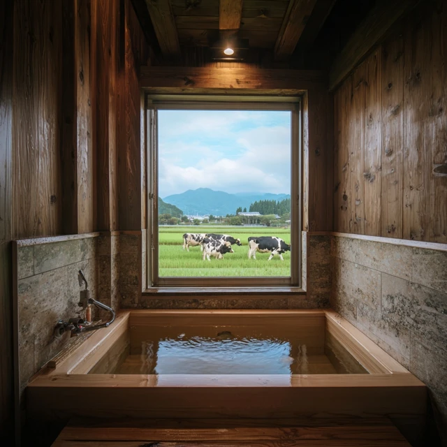 Japanese Style Wooden Bathtub With Field View