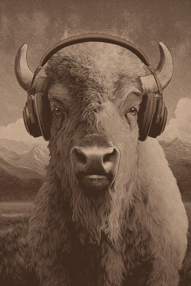 Bison with Headphones Sepia Illustration