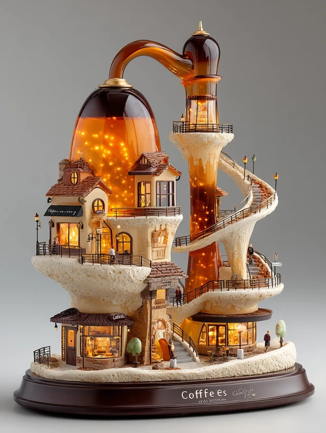 Magical Coffee Town Miniature: Hand-Drawn Fantasy