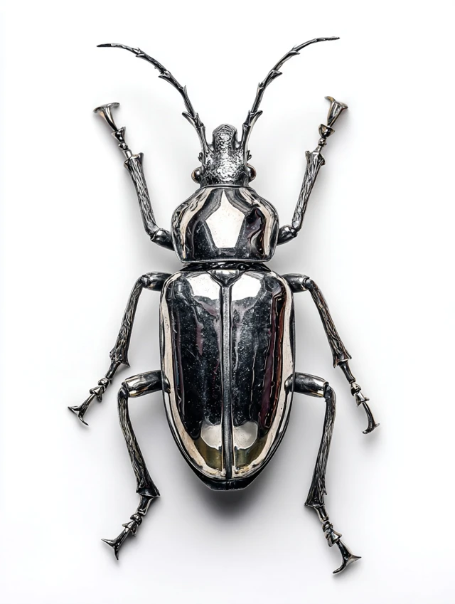 Metal Bug Sculpture Top View Shiny Silver on White