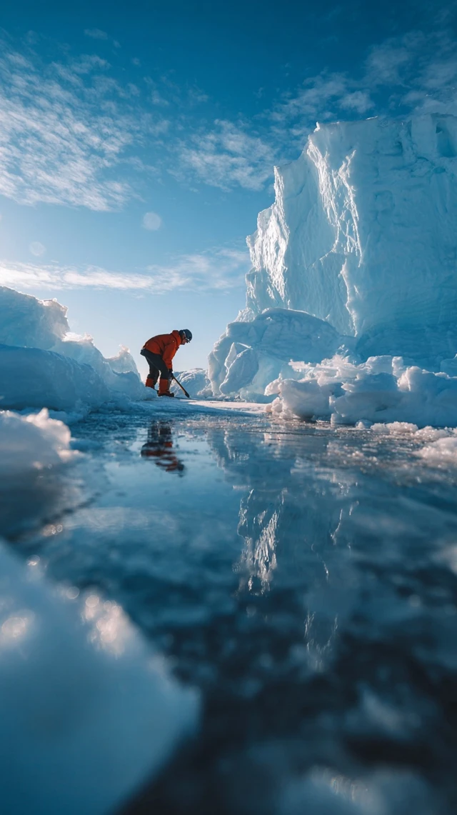 Antarctica Iceberg Scene Person in Blizzard