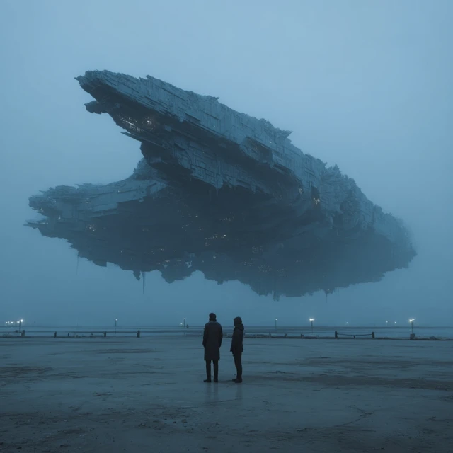Alien Ship Floating Above Foggy Steel Landscape