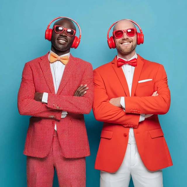 Happy People in Red Suits and Headphones on Blue