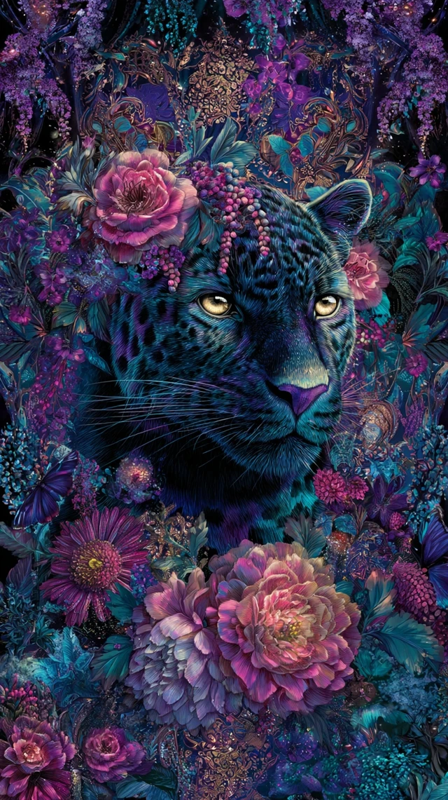 Regal Black Panther in Lush Floral Design
