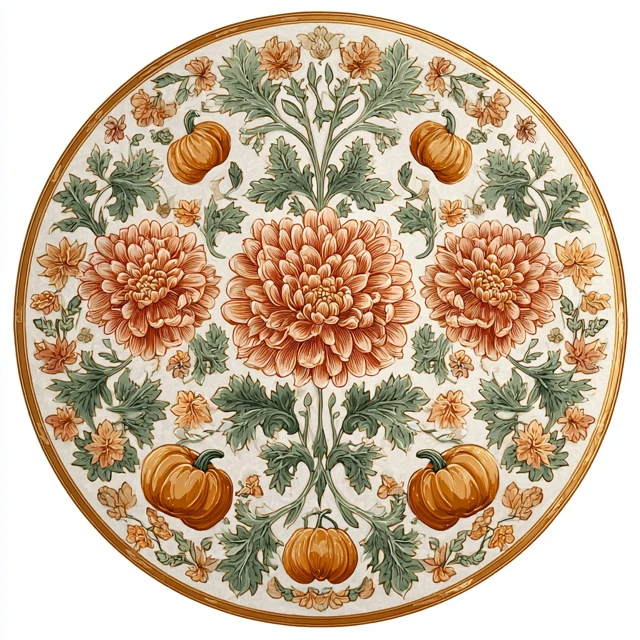 Autumnal Floral Carpet Design With Pumpkins And Chrysanthemums