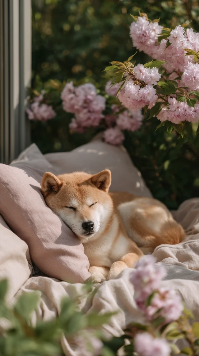 Sleeping Shiba Inu in Cherry Blossoms Serene Scene