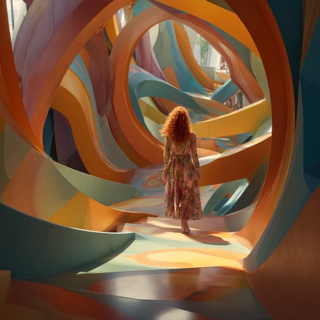 Woman in Floral Dress Walking Abstract Staircase