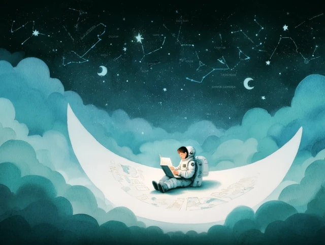 Astronaut Child Reading on the Moon Illustration