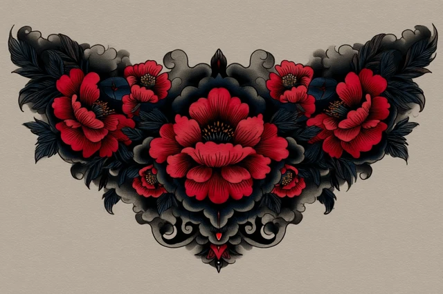 Old School Tattoo Flash: Gothic Floral Sternum Design