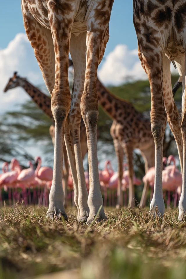 Giraffes and Flamingos in the Savanna Landscape