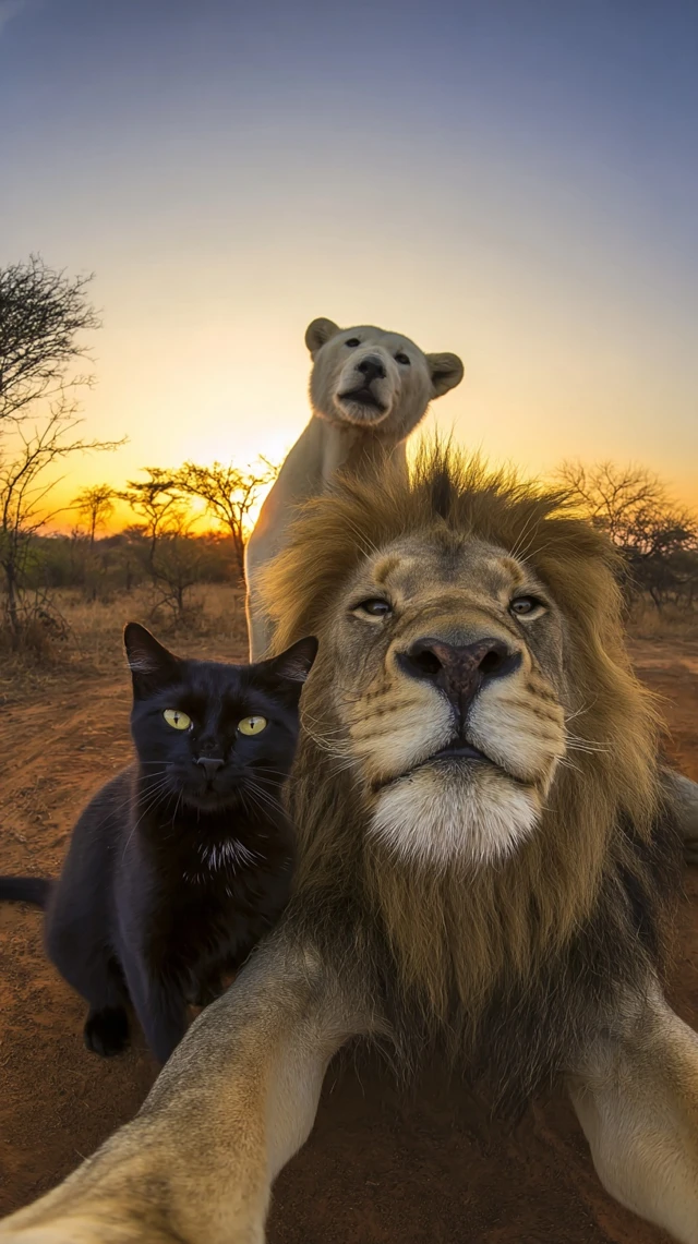 Wild Selfie Cat Lion and Polar Bear on the Savannah