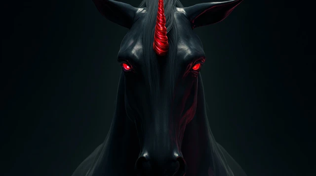 Black Unicorn Head Shot with Red Glowing Horn and Eyes