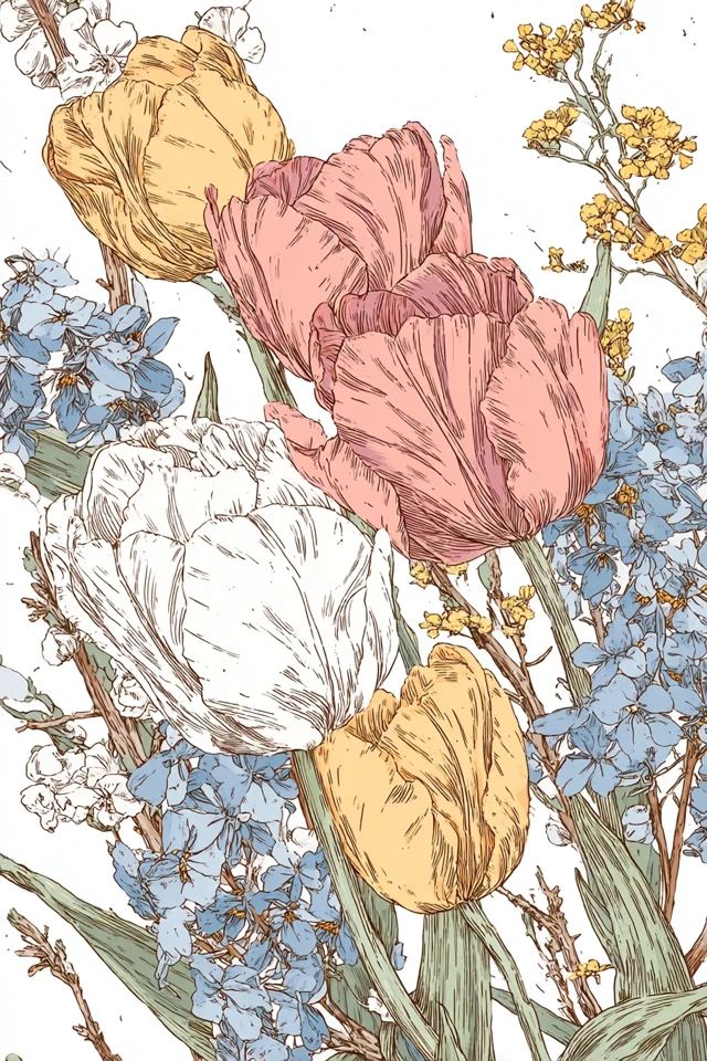 Vintage Floral Illustration Tulip Wildflower Design