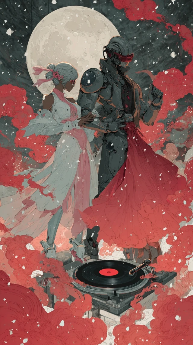 Anime Cyborgs Dancing Under a Red Moon