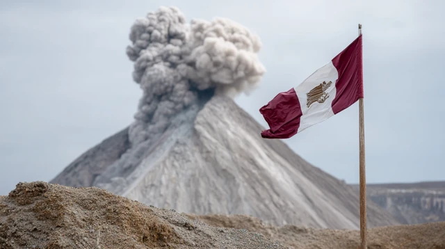 Surreal Volcanic Scene Flag in the Wind