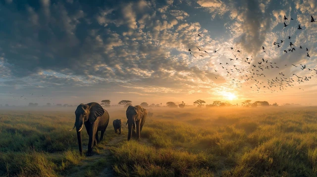 Elephant Family on Grassland with Birds
