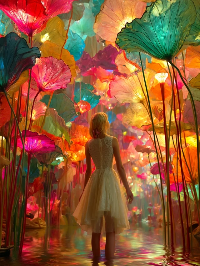 Dreamlike Lotus Forest: Woman in a Fairytale Landscape