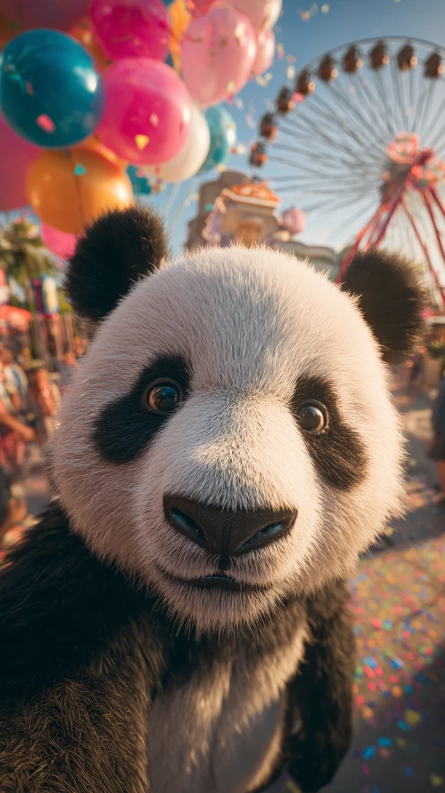 Panda Selfie Amusement Park Golden Hour