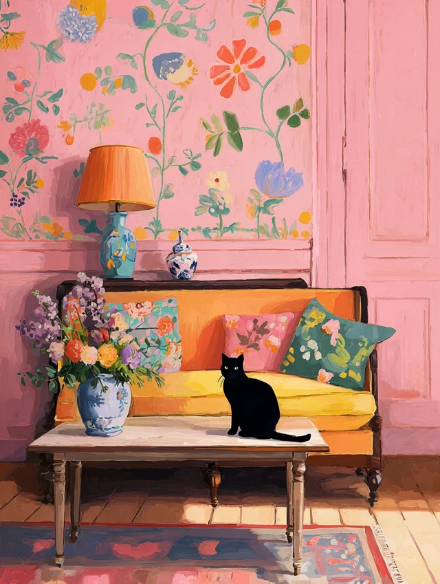 Whimsical Interior Painting by Matisse with Cat