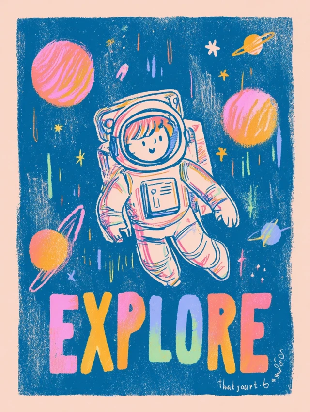 Astronaut Boy in Space Explore Gouache Illustration