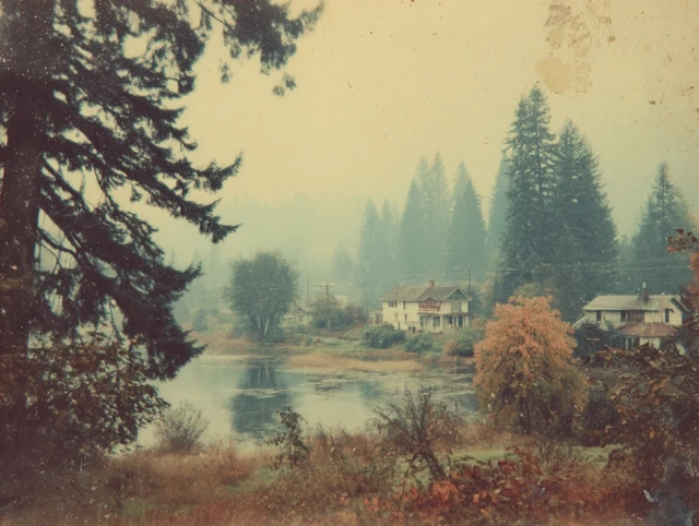 Vintage Oregon Town Autumn Lake Scene 60s Photography