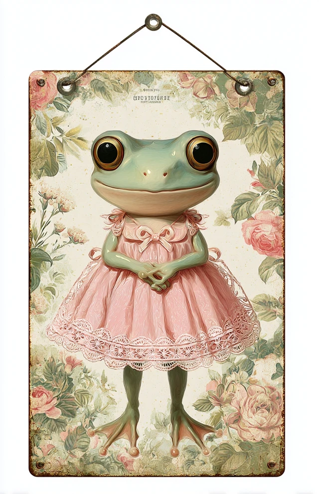 Cute Frog in Pink Dress Vintage Illustration