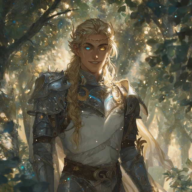 Elven Warrior Paladin with Heterochromia in a Forest