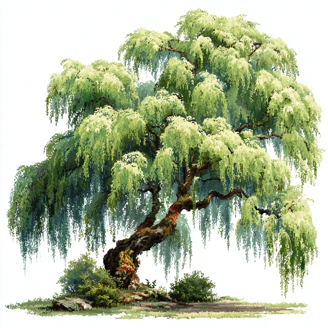 Pixel Art Weeping Willow Tree Isolated on White