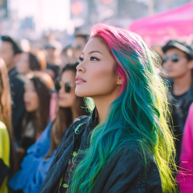 Asian Woman with Neon Hair in a Crowd