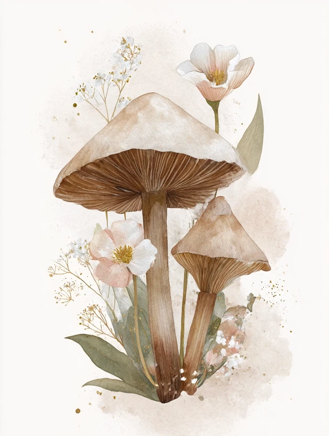 Watercolor Mushroom and Floral Art