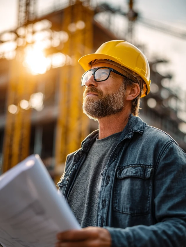 Construction Worker Inspecting Blueprints at Work