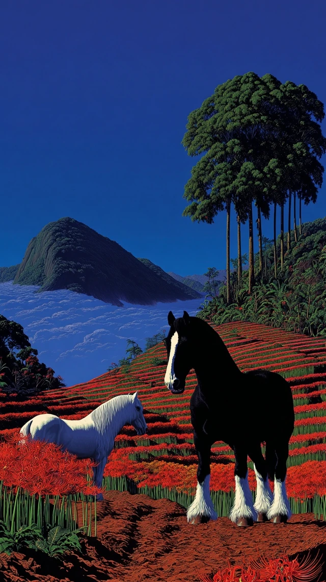 Clydesdale Horses in Mystical Landscape