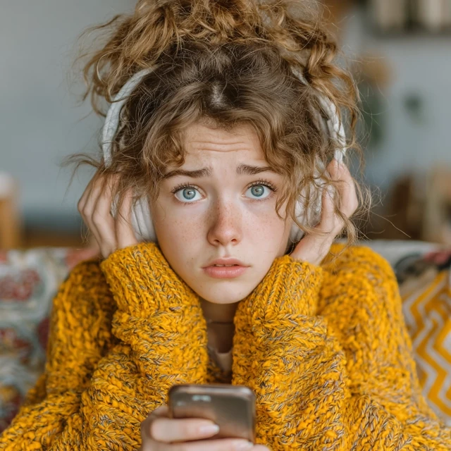 Girl Listening to Voice Message in Fright Real Photo