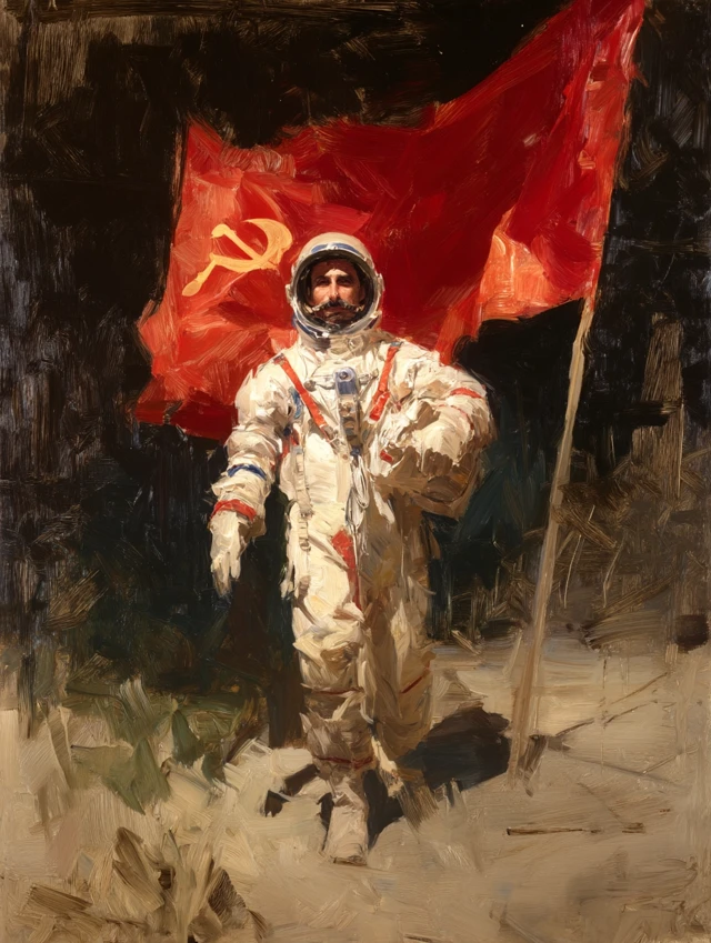 Cosmonaut with Soviet Flag Oil Painting
