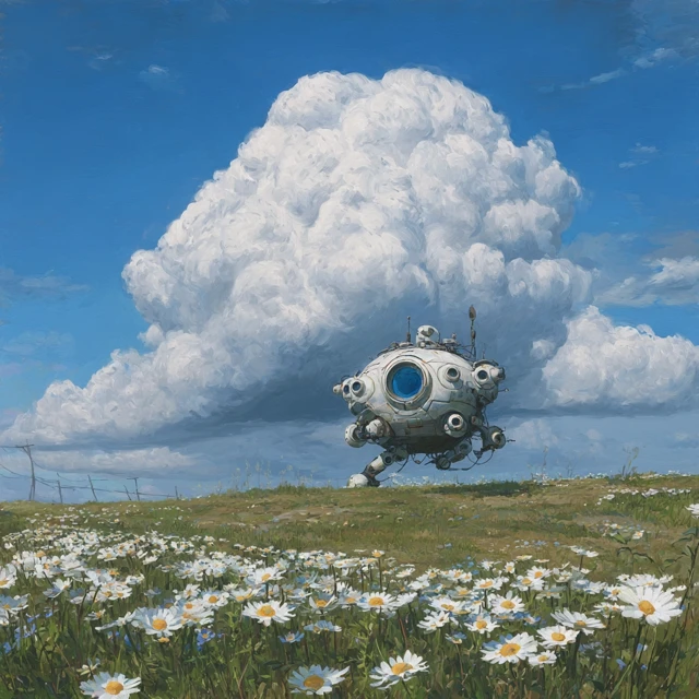 Fantastical SciFi Painting Cloud Daisies and Playful Machines
